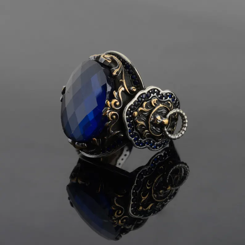 خاتم رجالي من الفضة الإسترلينية عيار 925 مرصع بأحجار كريمة، مصنوع يدويًا بأحجار كريمة طبيعية